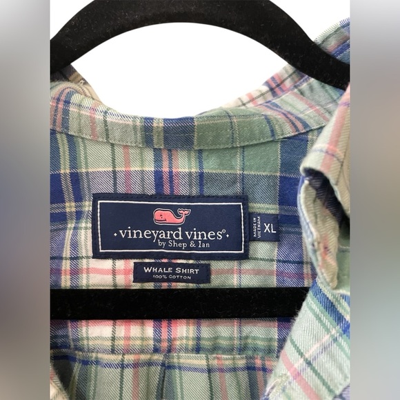 Vineyard Vines Pastel Green Pink Plaid Whale Shirt Mens XL 100% Cotton - Picture 3 of 4